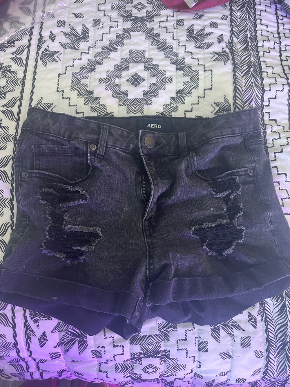 Aeropostale Black Distressed Cuffed Jean Shorts
